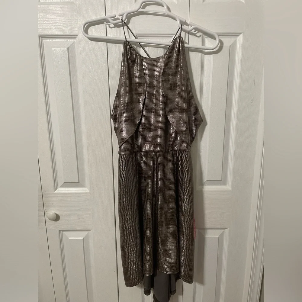 Halston Women’s Hi low Drape Metallic Gunmetal Racer back Midi dress size 8 - Picture 10 of 16